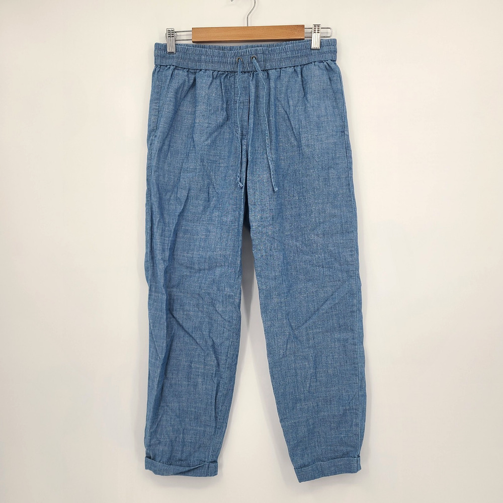 J Crew Chambray Drawstring Cuffed Pant Blue Cotton Casual Chic Coastal Size 4